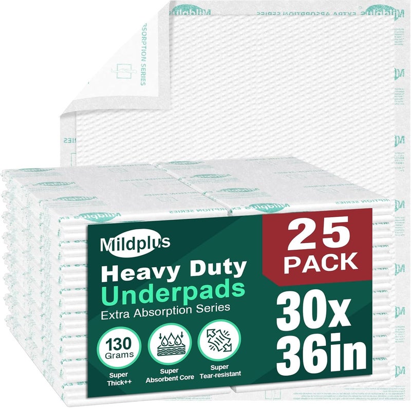 MILDPLUS Heavy Duty Underpads 30"X36", 25 Count, Ultra Absorbent Chucks Pads 130 Grams Disposable Bed Pads with Strength Cloth Backing Incontinence Pads for Adults, Kids or Pets - Image 1